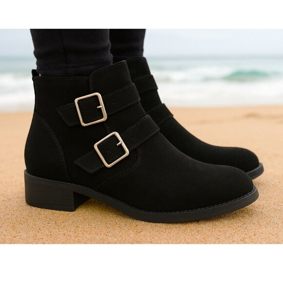 NEW Mari A Ankle Boots Black Suede with Buckles & Studs size 8 1/2 - Picture 1 of 9